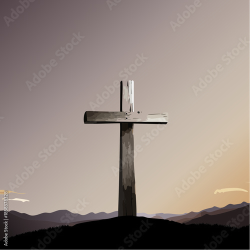 A solitary rustic wooden cross standing as a symbol of Christian faith.