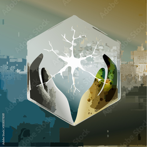 Abstract geometric hexagon containing fragmented digital hands.