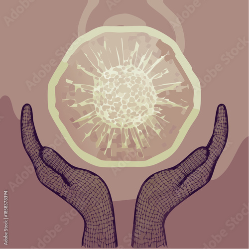 Artistic illustration of human hands carefully holding a glowing biological cell.