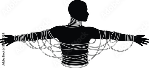 Silhouette of a person entangled in wires with arms outstretched on a white background human