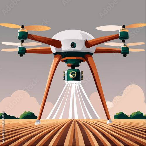 High-tech agricultural quadcopter drone with a surveillance camera system.