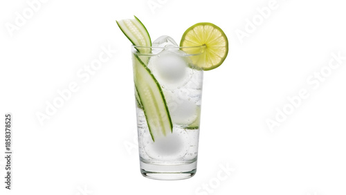 Slika na platnu Isolated clear gin drink with ice, cucumber, and lime in a glass, refreshing and
