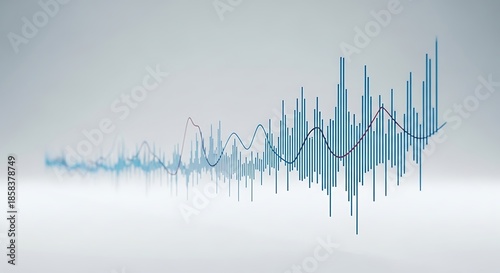 Abstract data visualization showing fluctuating trends with blue lines and bars on a clean