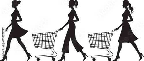 Three black female silhouettes walking with shopping carts on a white background woman