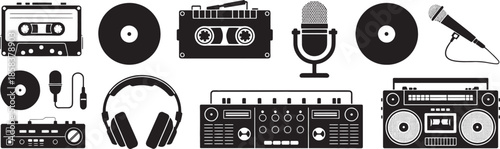 Vintage Audio Equipment Collection Cassette Tapes Microphones Headphones and Record Players Keywords: audio, music, vintage, retro, cassette tape, microphone, headphones, record, vinyl