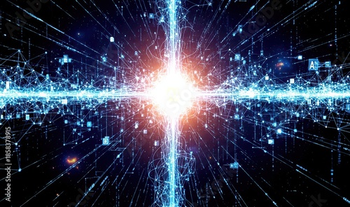 A vibrant digital illustration of a glowing network connection in a futuristic cyber space with radiant lines and nodes