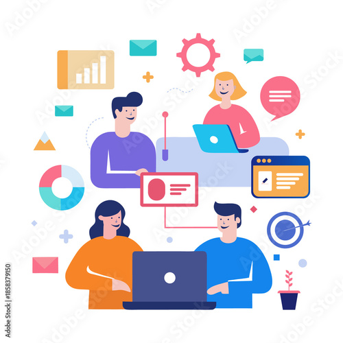 People working on computers isolated on transparent background