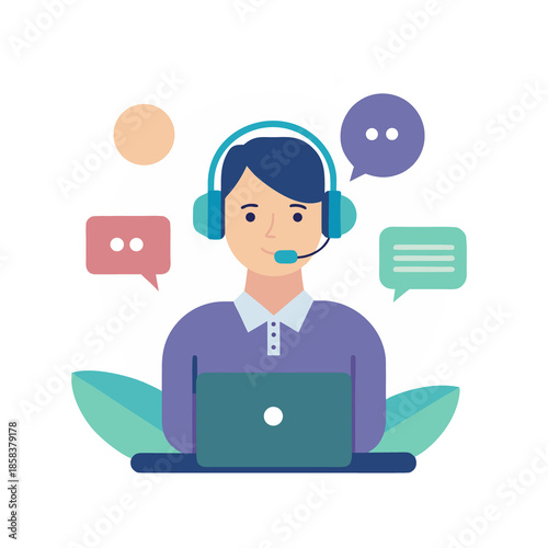 Customer support agent isolated on transparent background with laptop and headset