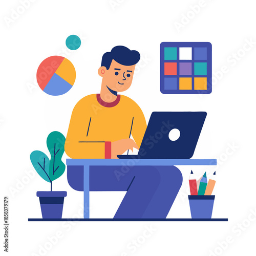 A man working on laptop isolated on transparent background
