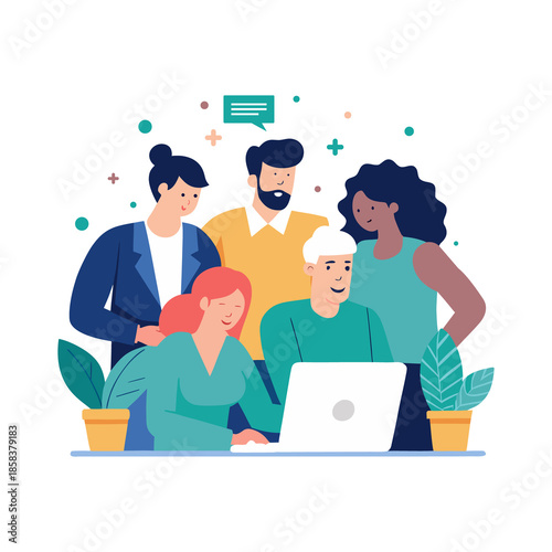 Diverse group of people gathered around a laptop isolated on transparent background