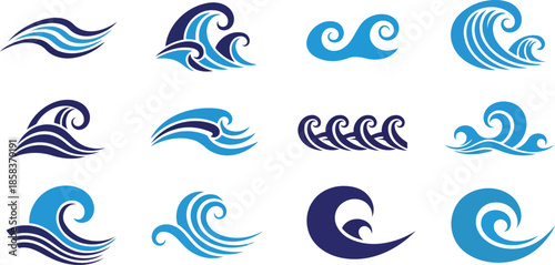 A collection of twelve stylized blue and dark blue wave designs, illustrating different forms and movements of water.