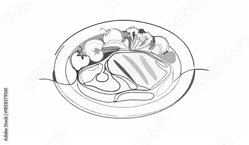 One-line drawing steak meal with vegetables clean minimalist vector