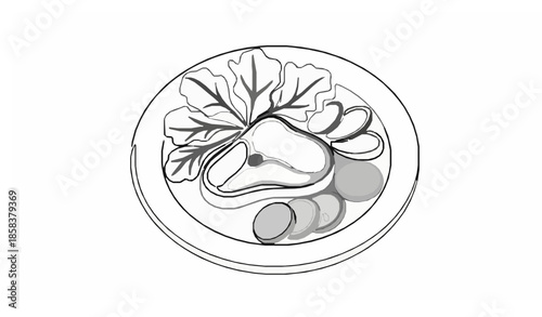 Minimal continuous line steak dinner vector with plate and vegetables