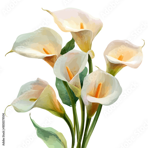 Watercolor Calla Lily Bouquet vector, artistic painting style, high-resolution illustration on a pure white background.