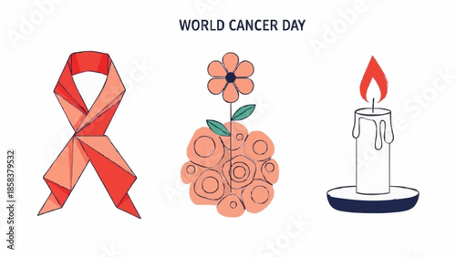 ribbon, flower, and candle representing hope and support on World Cancer Day