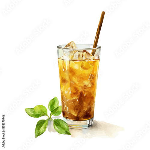 Cold Brew Tea watercolor vector, hand-painted style, high-quality illustration isolated on white background.