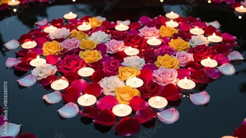Heart shaped arrangement of colorful roses and burning candles floating in dark water pool