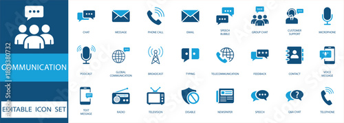 Communication icon set .for business and web design. Minimalist blue linear symbols of chat, email, social media, and telecommunication. Editable vector stroke.