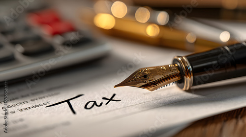 Wallpaper Mural Writing "Tax" with fountain pen on white paper. Preparing personal finances and handling paperwork. Filing tax documents. Financial planning for tax season. Torontodigital.ca