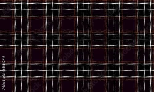 Seamless plaid fabric in brown, black, white, and orange, ideal for fashion design, clothing, skirts, trousers, and various textiles requiring a classic and contemporary look.