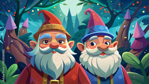 Very beautiful close-up illustration of two sweet gnomes with fluffy beards and colorful pointed hats, surrounded by forest textures, creating a cozy, whimsical, and enchanting fairytale mood.