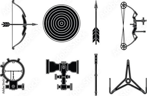 Archery equipment icons, bow and arrow silhouettes, target board, hunting gear illustration set, precision shooting tools, sporting archery graphics collection