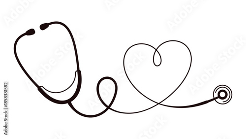  Minimal stethoscope heart line art illustration in black and white style showing healthcare, medical care, cardiology, love for health and wellness concept design