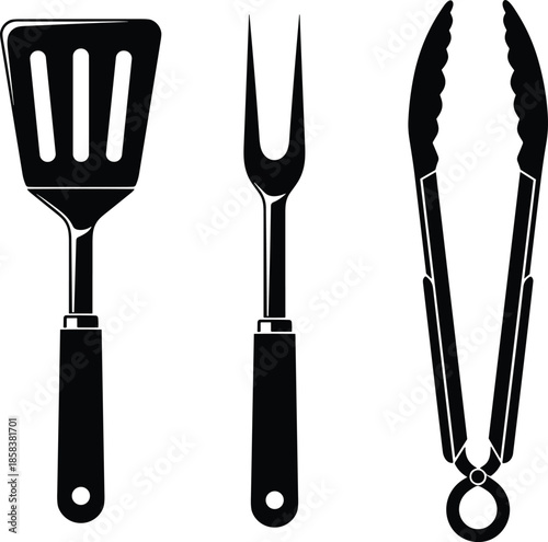 Black silhouette set of essential barbecue grilling utensils, including a slotted spatula turner, a carving meat fork, and long handled tongs, flat vector illustration.
