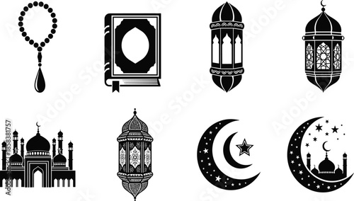 Black silhouettes of Islamic icons, including mosque, crescent moon, star, prayer beads, holy Qur'an, and intricate Ramadan lanterns, flat vector illustration.