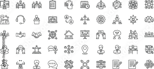 Business icon set, remote work symbols, teamwork illustration, communication tools, minimal line icons, corporate vector, office elements, productivity graphics
