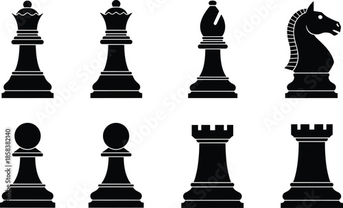 Chess, pieces, silhouette, black, vector, illustration, King, Queen, Bishop, Knight, Rook, Pawn, cad, drawing, flat, design, strategy, game, board, iconic, shape, symbol