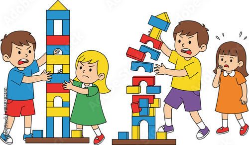 Children arguing with blocks, kids fighting over toys, conflict playtime illustration, emotional behavior scene, colorful cartoon childhood interaction artwork
