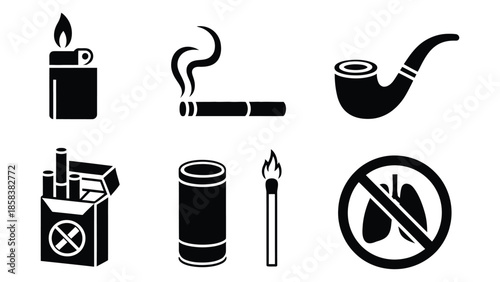  Smoking and no smoking icon set including cigarette lighter cigar pipe match and prohibition symbol, minimal black silhouette tobacco warning signs isolated on white background