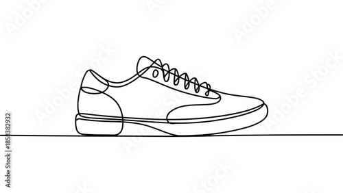  Continuous one line sneaker shoe illustration on ground, minimalist footwear line art drawing, modern casual sport shoe outline design isolated on white background for logo and print