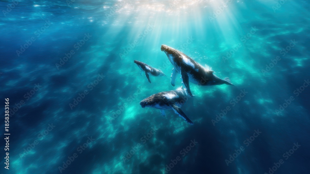 Fototapeta premium A stunning scene capturing a group of humpback whales gracefully swimming together beneath shimmering sunlight in vibrant, blue ocean water, showcasing their beauty.