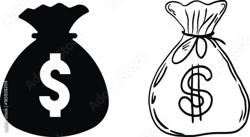 vector icon of a classic money bag with a dollar sign, representing wealth, savings, and financial assets.Private Equity Icons.  Filled icon set of Private Equity: investment fund, money bag, dollar