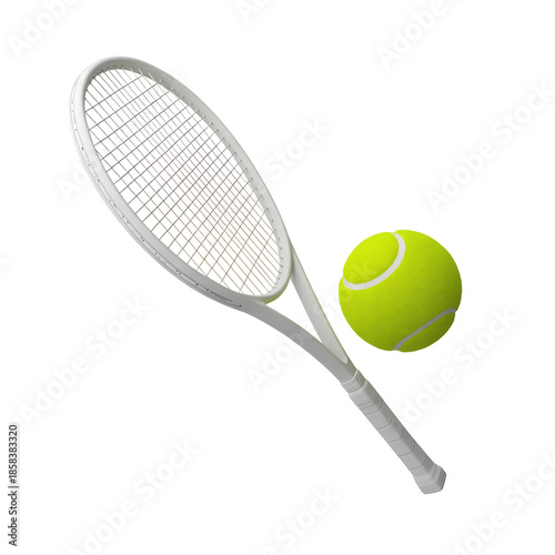 Modern white tennis racket with tightly strung black strings and a vibrant yellow green fuzzy sports tennis ball, isolated on transparent background