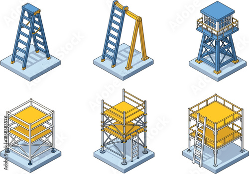 Isometric construction scaffolding platforms ladders and industrial structures illustration for building safety engineering and architectural development projects