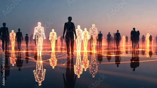 Futuristic Crowd of Digital Figures with Neon Lights in a Virtual City Landscape at Dusk