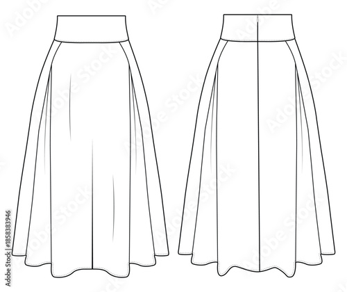 Women Long Flared Skirt Technical Flat Sketch Front and Back View Vector