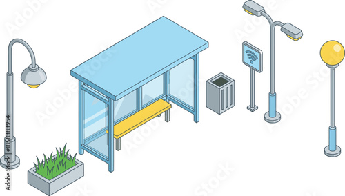 Isometric modern bus stop shelter illustration with WiFi sign street lamps bench and urban public transport infrastructure isolated
