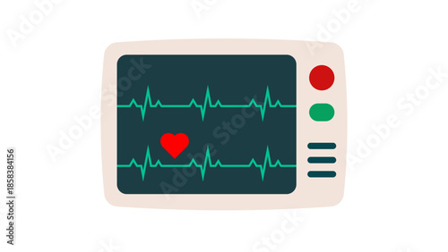 Electrocardiogram icon. Flat design illustration of a heart rate monitor display screen, showing a heartbeat line and a red heart symbol. Represents medical technology and healthcare.