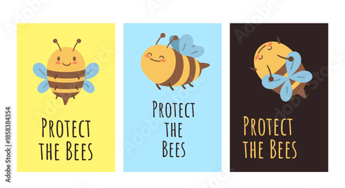 Protect the Bees poster set with cute bee characters. Bright and simple illustrations for eco campaigns, stickers, prints and educational materials.