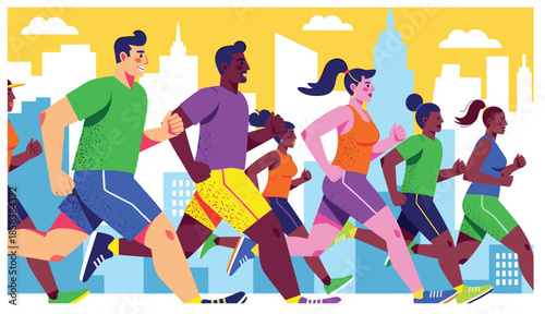 Group of colorful runners people isolated on white background. Cartoon jogging male and female in motion vector flat illustration. Person runner race lifestyle, competition between man and woman