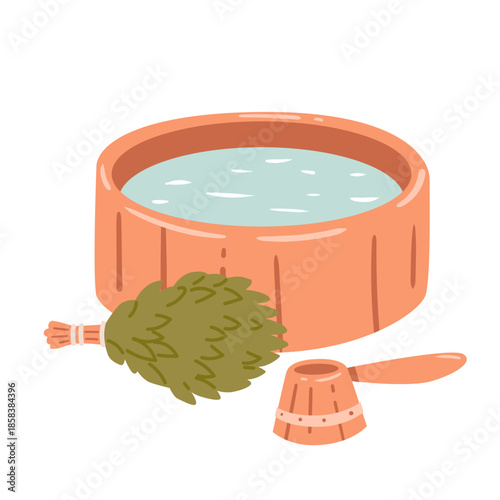 Everything you need for a relaxing spa day including a wooden tub and birch whisk. A cozy illustration of traditional wellness.