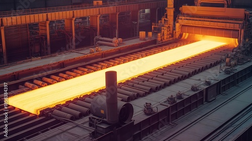 Overhead View of a Hot Strip Steel Mill with Glowing Orange Metal Slab Emerging from Reheat Furnace onto Rollers in Infrared Style