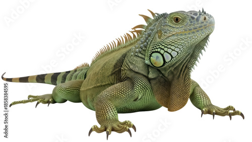 Schilderij op canvas Isolated green iguana reptile looking to the right in studio lighting, scaly ski