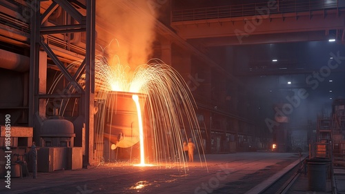 Nighttime Interior of a Steel Mill Featuring Molten Orange Metal Pouring from a Towering Ladle with Explosive Sparks and Heat Haze