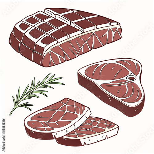 Raw Meat Cuts Neatly Arranged  Flat Vector  Isolat (10) Vector Illustration