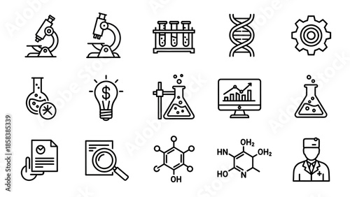 Collection of science and research icons in a line art style.